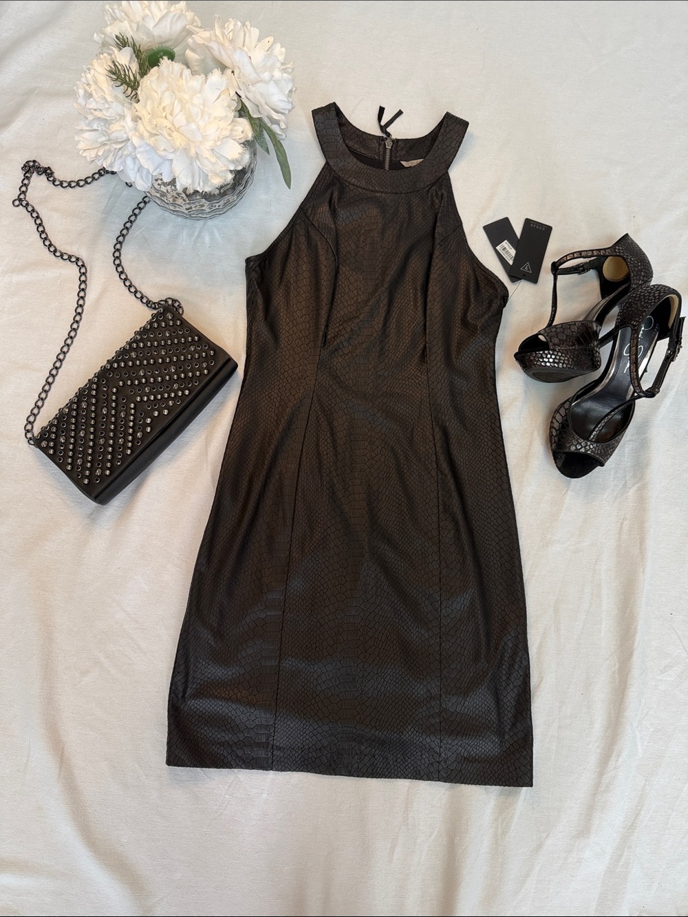 *New Guess Black Sleeveless Sheath Dress with Snake Skin Finish
